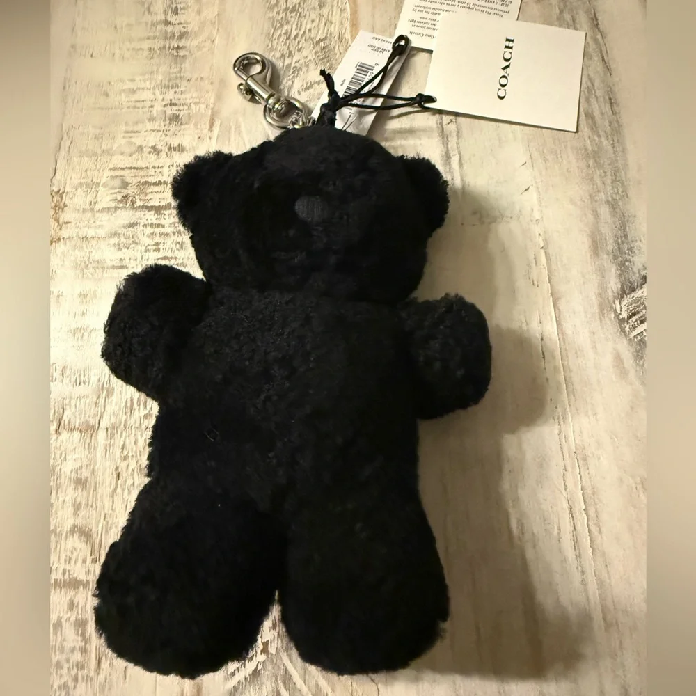 Coach Black Shearling Teddy Bear Bag Charm Keyring with Silver Hardware NWT